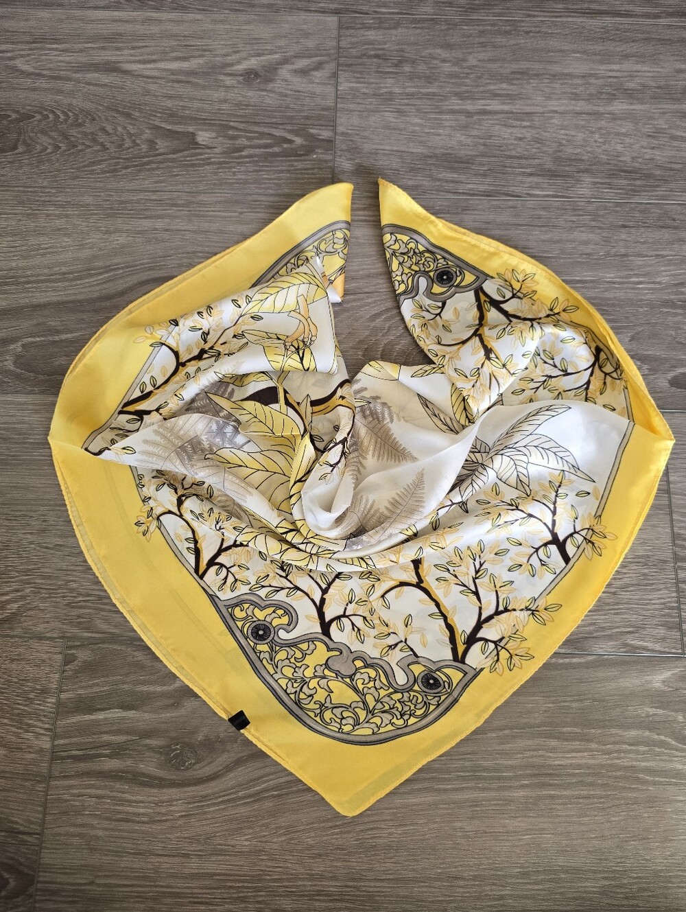 Botanical Leaf Print Square Scarf Yellow Cream Satin Silk Feel Neck Hair Wrap